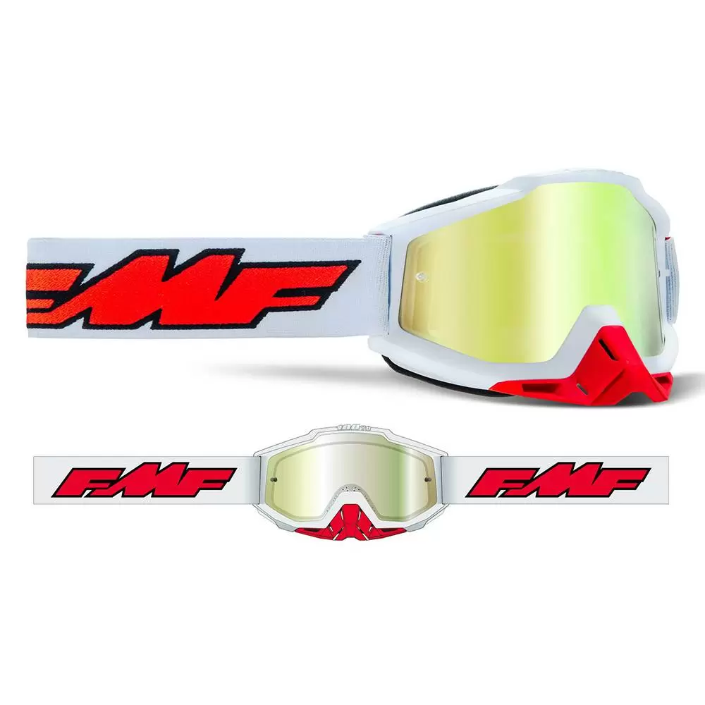 100% FMF Powerbomb Rocket White True Gold Mirror Lens Motocross Goggles 2 100% FMF Powerbomb Rocket White True Gold Mirror Lens Motocross Goggles - Image 2