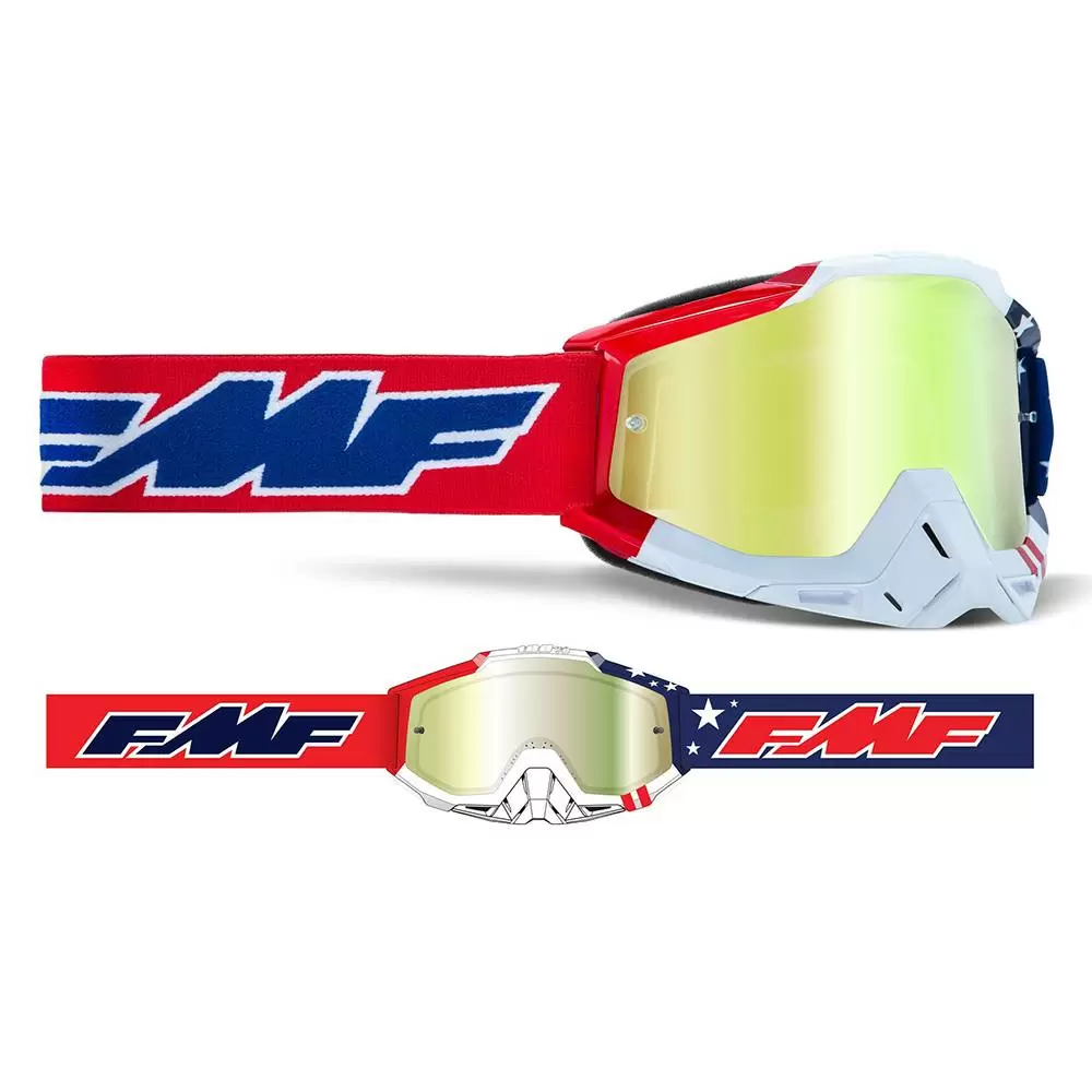 100% FMF Powerbomb US Of A True Gold Mirror Lens Motocross Goggles 2 100% FMF Powerbomb US Of A True Gold Mirror Lens Motocross Goggles - Image 2