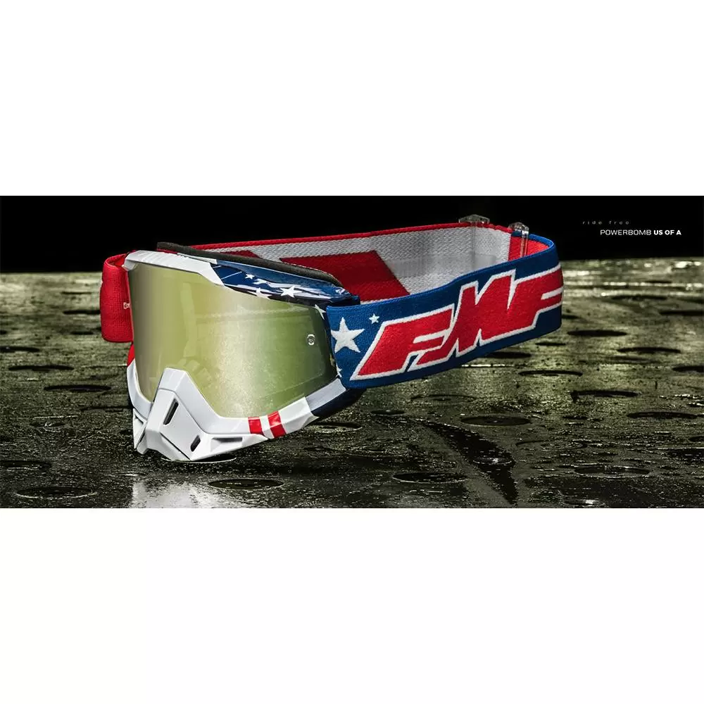 100% FMF Powerbomb US Of A True Gold Mirror Lens Motocross Goggles 3 100% FMF Powerbomb US Of A True Gold Mirror Lens Motocross Goggles - Image 3